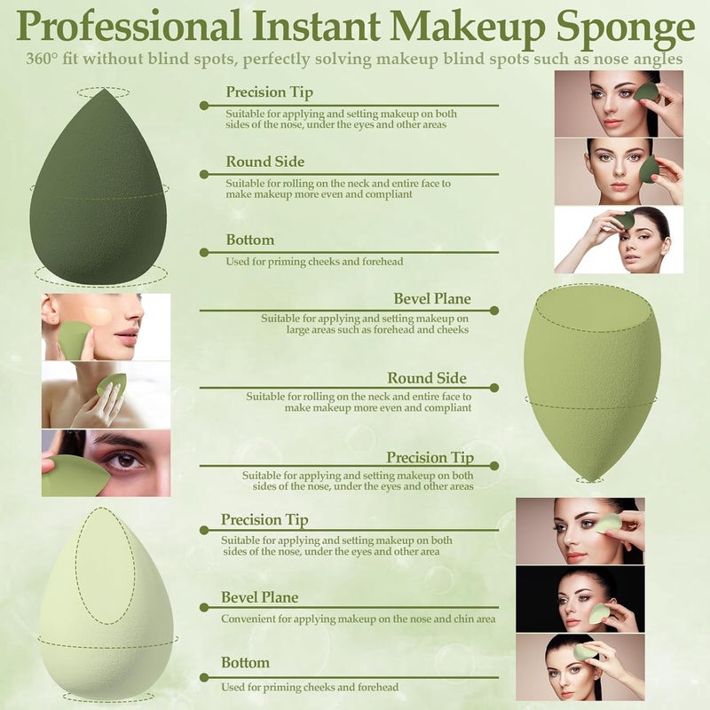 AuraRay 14 Pcs Makeup Sponge Set, Beauty Sponges Blender with 4 Pcs Powder Puff and 4 Pcs Mini Make up Sponges St. Patrick's Day Gift for Liquid,Foundation,Powder,Concealer,Cream (Green) - Image 3